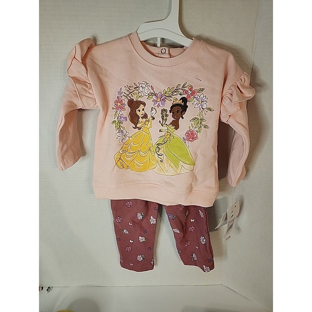 Disney Baby Girl 2-Piece Princess Belle Tiana Pink Sweatshirt Floral Pants 6-9 M